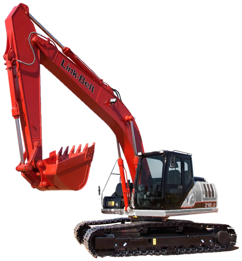 Excavadora sobre orugas Link-Belt 210 X3E, roja y blanca