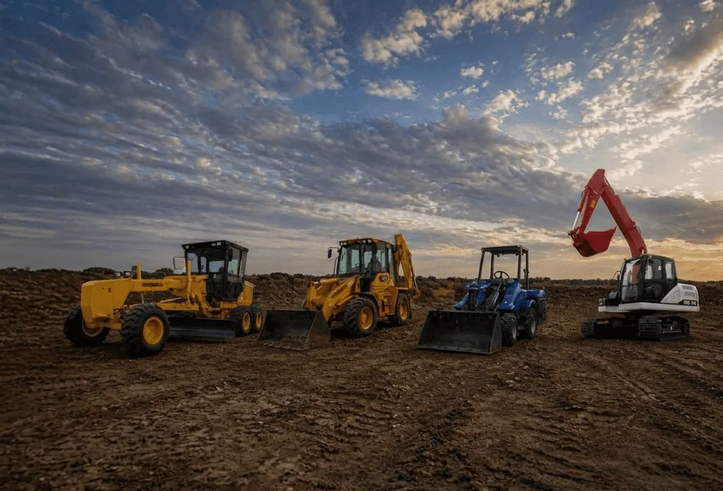 Motoniveladora, retroexcavadora, minicargadora y excavadora trabajando en campo al atardecer